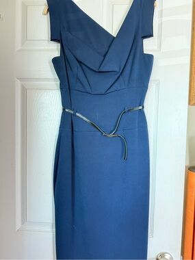 Black Halo Jackie O Navy Fitted Midi Sheath Dress